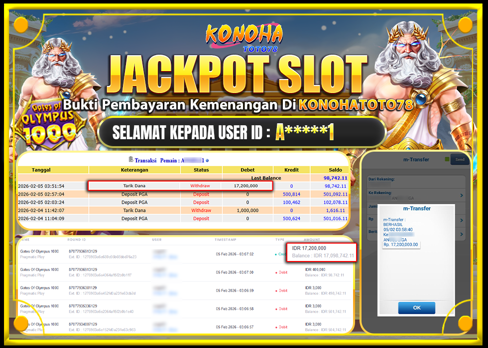 KONOHATOTO78 JACKPOT GATES OF OLYMPUS 1000 Rp.17.200.000,LUNAS